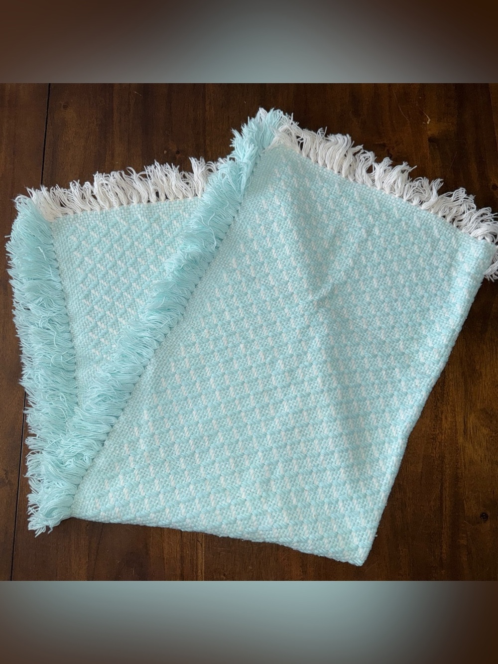 Vintage Marshall Fields Blue & White Knit Baby Blanket Made in Italy Fringe Edge